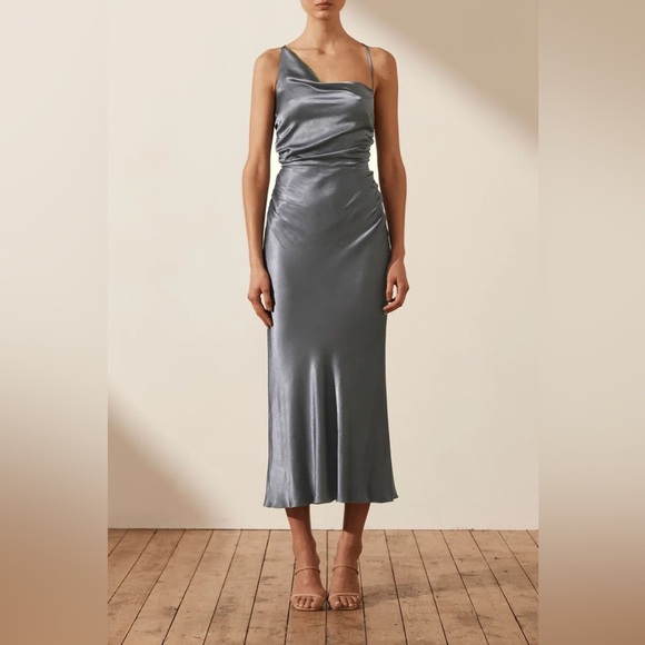 Shona Joy La Lune Asymmetrical Bias Cowl Midi Dress in Blue Smoke size 4 - Picture 2 of 15